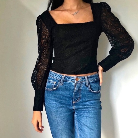 Black Lace Cropped Square Top - Picture 1 of 3